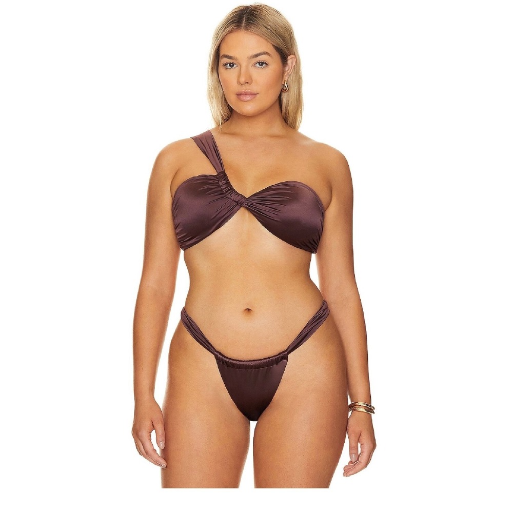Good American‎ Bali Bikini Set Size XL Dark Cocoa One Shoulder Ruched NWT
